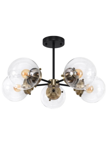 Lampa sufitowa Lens 5 czarny z patyną – metalowa konstrukcja z pięcioma szklanymi kloszami w stylu retro i loft