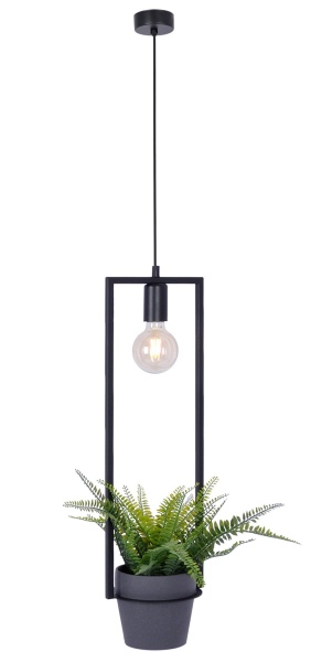 Lampa wisząca z kwietnikiem Estera K-4038 – czarna rama z doniczką i żarówką, nowoczesne oświetlenie z elementem zieleni