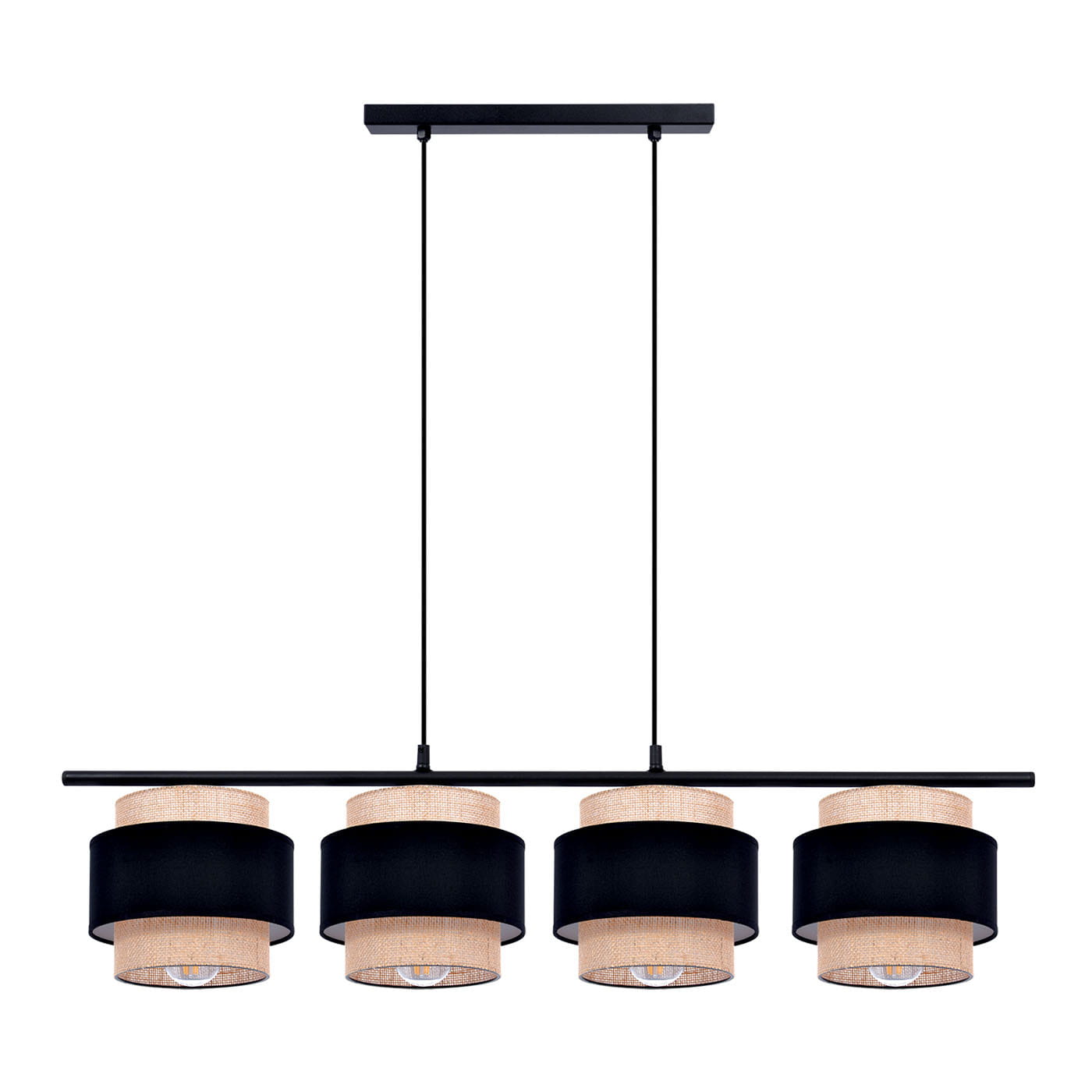 Lampa wisząca Gato K-5233 – cztery tkaninowe klosze w kolorze beżowym i czarnym, styl boho, oświetlenie nad stół