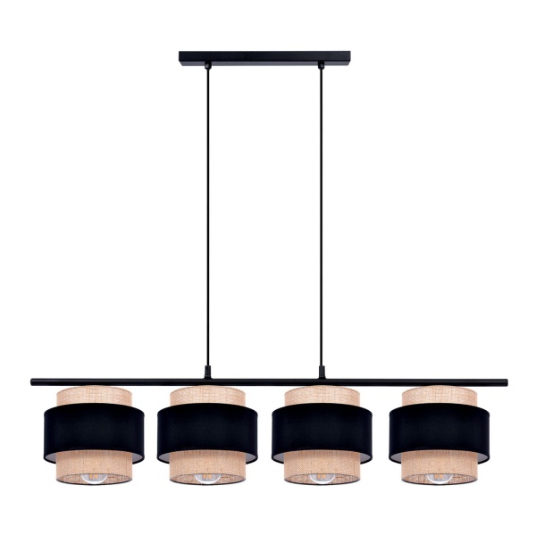 Lampa wisząca Gato K-5233 – cztery tkaninowe klosze w kolorze beżowym i czarnym, styl boho, oświetlenie nad stół