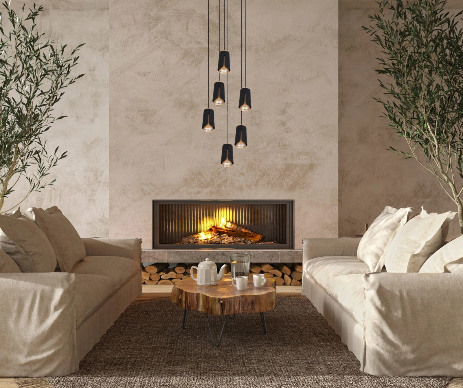Lampa Flower 6 w salonie z kominkiem