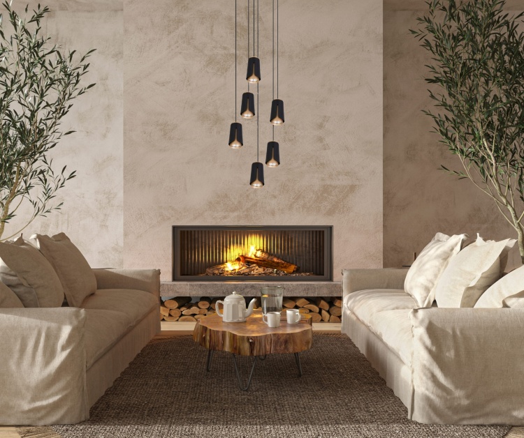 Lampa Flower 6 w salonie z kominkiem