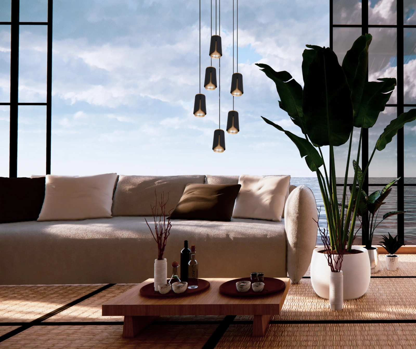 Lampa flower 6 w salonie z widokiem na morze.