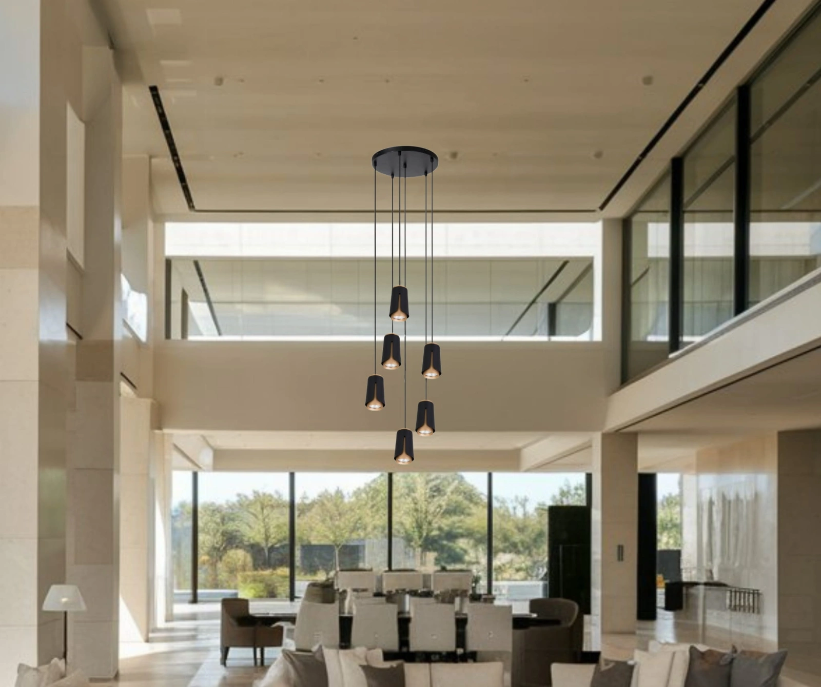 Lampa flower 6 zawieszona w dużym saloie