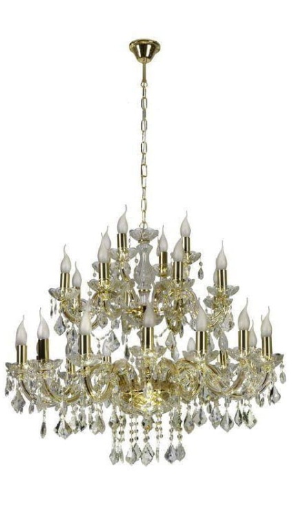 Żyrandol Maria Teresa 28 ramion w stylu Glamour z błyszczącym złotym wykończeniem i efektownymi kryształowymi dekoracjami, idealny do eleganckich i luksusowych wnętrz.