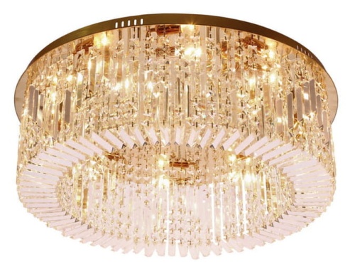 Plafon Maranga - nowoczesna, okrągła lampa sufitowa w kolorze złota, bogato zdobiona błyszczącymi szklanymi kryształami, emitującymi efektowne refleksy świetlne.