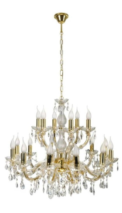 Żyrandol Maria Teresa 18 ramion – elegancka lampa sufitowa z dekoracyjnymi szklanymi detalami, akrylowymi osłonkami ramion i złotymi elementami, zawieszona na regulowanym łańcuchu.