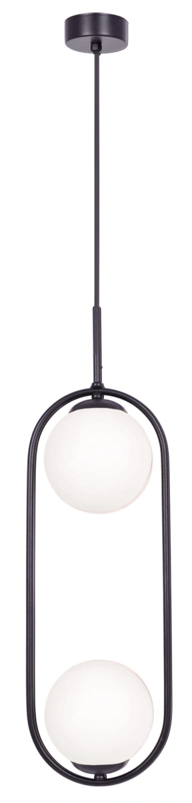 Lampa Parva czarna – minimalistyczna, pionowa lampa wisząca z dwoma matowymi szklanymi kloszami umieszczonymi na czarnej metalowej ramie.