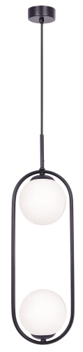 Lampa Parva czarna – minimalistyczna, pionowa lampa wisząca z dwoma matowymi szklanymi kloszami umieszczonymi na czarnej metalowej ramie.