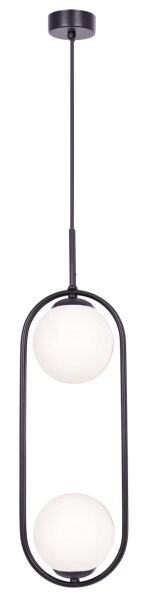 Lampa Parva czarna – minimalistyczna, pionowa lampa wisząca z dwoma matowymi szklanymi kloszami umieszczonymi na czarnej metalowej ramie.