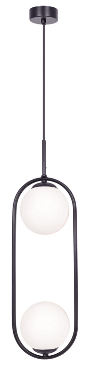 Lampa Parva czarna – minimalistyczna, pionowa lampa wisząca z dwoma matowymi szklanymi kloszami umieszczonymi na czarnej metalowej ramie.