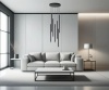 Lampa wisząca Laser 5 czarna zawieszona w nowoczesnym minimalistycznym salonie.
