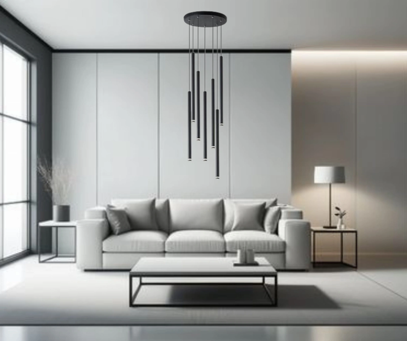 Lampa wisząca Laser 5 czarna zawieszona w nowoczesnym minimalistycznym salonie.