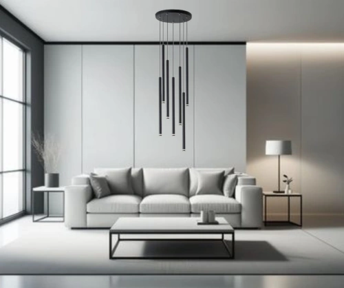 Lampa wisząca Laser 5 czarna zawieszona w nowoczesnym minimalistycznym salonie.