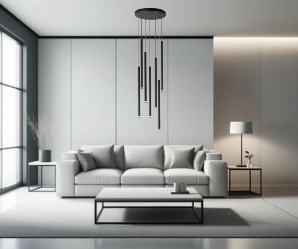 Lampa wisząca Laser 5 czarna zawieszona w nowoczesnym minimalistycznym salonie.