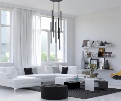 Lampa wisząca Laser 7 czarna zamontowana w jasnym salonie urzadzonym w stylu skandynawskim