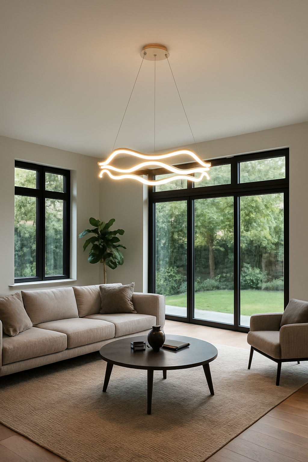 Lampa LED Vave w salonie nad stolikiem kawowym