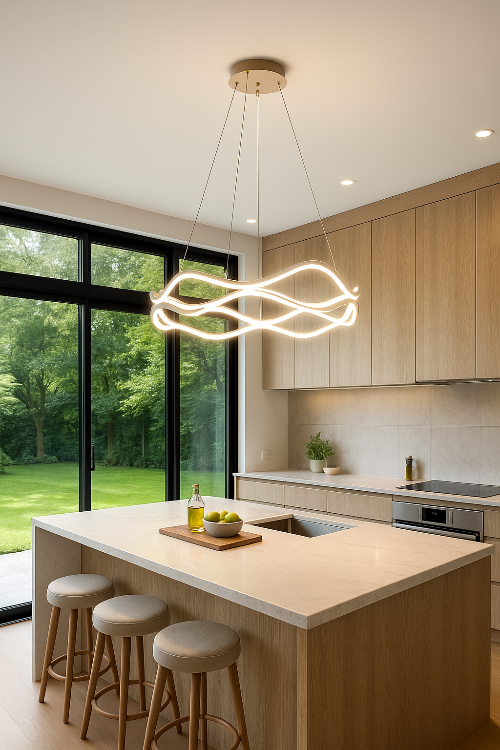 Lampa LED Vave zawieszona i świecąca w nowoczesnej kuchni nad wyspą.