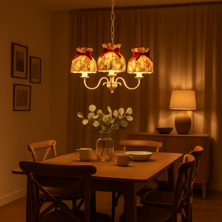 Żyrandol Rozano zawieszony nad stołem w ciepłej przytulnej jadalni.