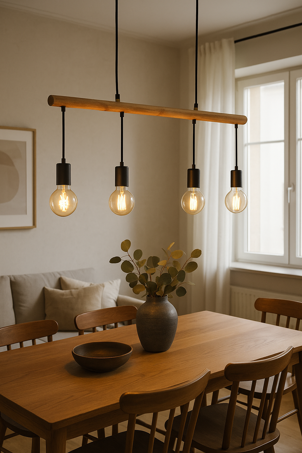 Lampa wisząca Izzy z czterema żarówkami Edison zawieszona nad drewnianym stołem w przytulnej jadalni z klasycznymi krzesłami i jasnymi zasłonami.