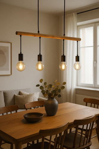 Lampa wisząca Izzy z czterema żarówkami Edison zawieszona nad drewnianym stołem w przytulnej jadalni z klasycznymi krzesłami i jasnymi zasłonami.