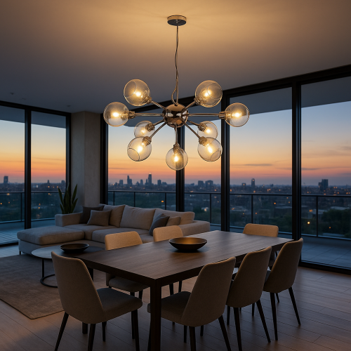 Lampa wisząca Dixi zawieszona nad stołem w jadalni nowoczesnego penthousu z widokiem na miasto o zachodzie słońca.