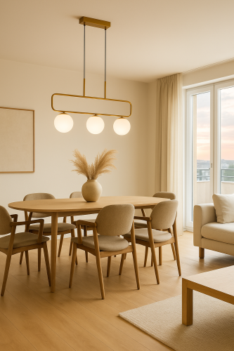 Lampa wisząca Jove w kolorze mosiądzu zawieszona nad owalnym stołem w przestronnej, jasnej jadalni w stylu japandi z widokiem na zachód słońca.