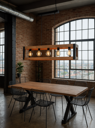 Lampa wisząca Varna zawieszona nad drewnianym stołem w przestronnej jadalni w stylu loft z ceglanymi ścianami i dużymi industrialnymi oknami.