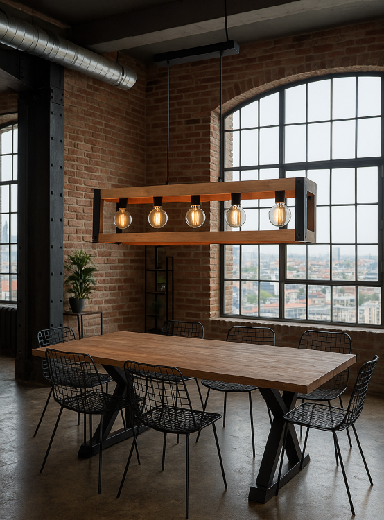 Lampa wisząca Varna zawieszona nad drewnianym stołem w przestronnej jadalni w stylu loft z ceglanymi ścianami i dużymi industrialnymi oknami.