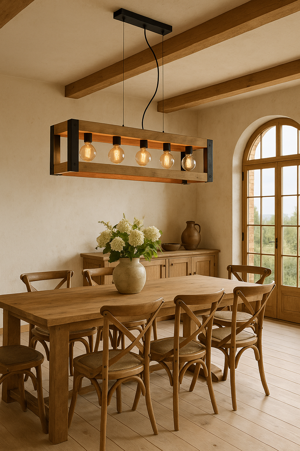 Lampa wisząca Varna zawieszona nad drewnianym stołem w przestronnej jadalni w stylu rustykalnym z jasnymi ścianami, belkami sufitowymi i dużym oknem w łuku.