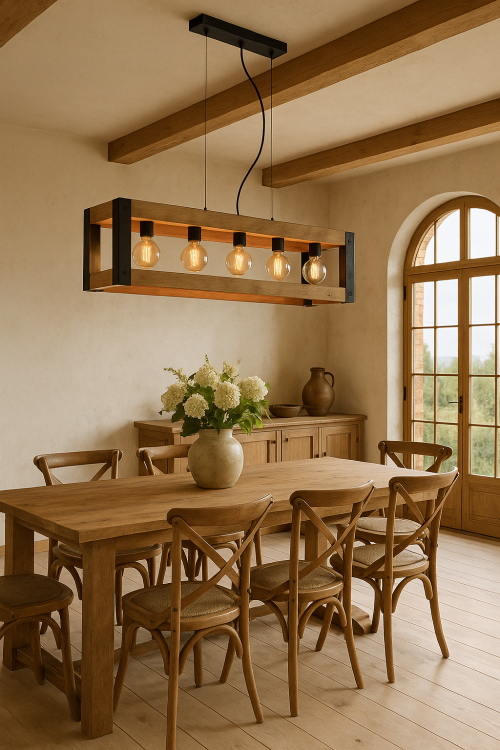 Lampa wisząca Varna zawieszona nad drewnianym stołem w przestronnej jadalni w stylu rustykalnym z jasnymi ścianami, belkami sufitowymi i dużym oknem w łuku.