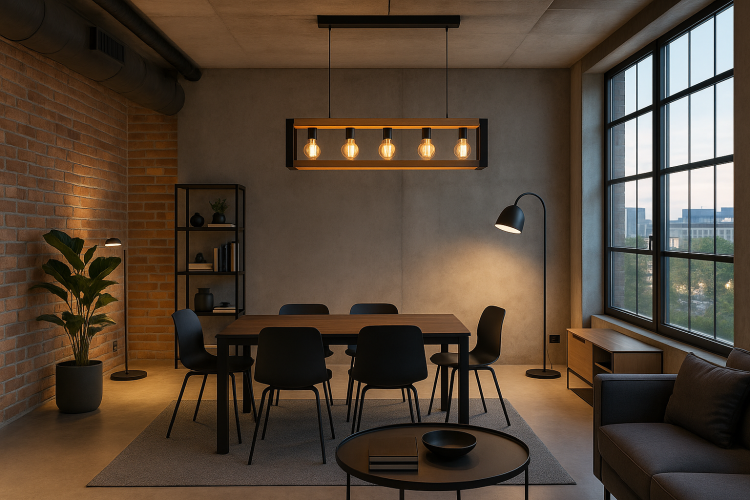 Lampa wisząca Varna zawieszona nad stołem w nowoczesnym, przestronnym wnętrzu w stylu industrialnym z dużymi oknami, betonowymi ścianami i cegłą dekoracyjną.