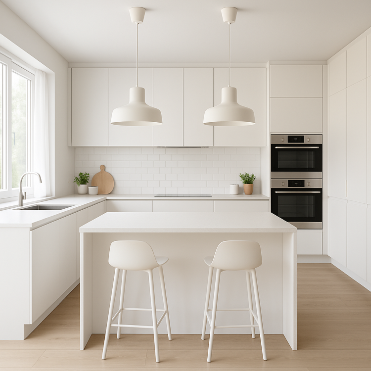 Nowoczesna, przestronna kuchnia w białej kolorystyce z dwoma lampami wiszącymi Bilo zawieszonymi nad wyspą kuchenną. Minimalistyczne wnętrze z jasnymi meblami, drewnianą podłogą i dużym oknem wpuszczającym naturalne światło.