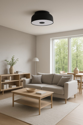 Nowoczesny, przestronny salon z dużym oknem i widokiem na zieleń. Na suficie zamontowany czarny plafon Omiq, który oświetla jasne wnętrze urządzone w minimalistycznym stylu z drewnianymi meblami i szarą sofą.