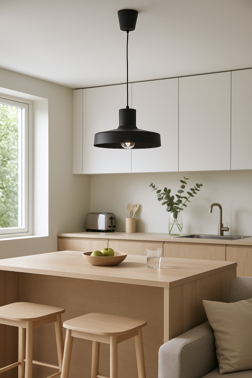 Nowoczesna kuchnia z drewnianą wyspą i jasnymi frontami szafek. Nad blatem zawieszona czarna lampa wisząca Bilo, tworząca kontrastowy akcent w minimalistycznym wnętrzu z dużym oknem i naturalnym światłem..