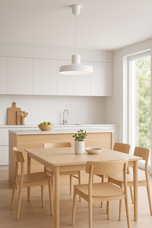 Przestronna, nowoczesna kuchnia z dużym oknem i jasnym wnętrzem. Nad drewnianym stołem jadalnianym zawieszona jest biała lampa wisząca Bilo, idealnie komponująca się z minimalistyczną aranżacją i naturalnymi materiałami.