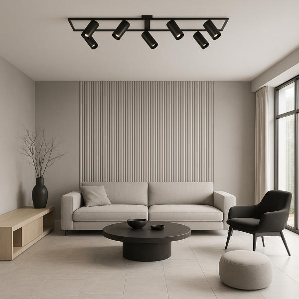 Przestronny, nowoczesny salon w minimalistycznym stylu z jasnoszarą sofą, czarnym stolikiem kawowym i dużymi oknami. Na suficie zamontowana metalowa lampa sufitowa Modern 6 z sześcioma czarnymi, regulowanymi reflektorami.
