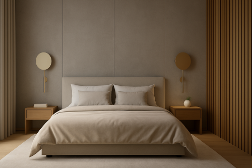 Nowoczesna sypialnia z dwoma kinkietami Talar K-5803 zamontowanymi po obu stronach łóżka. Kinkiety w beżowym kolorze z dużą, okrągłą tarczą skierowaną do przodu pełnią funkcję dekoracyjną, wpisując się w minimalistyczny i elegancki wystrój wnętrza.