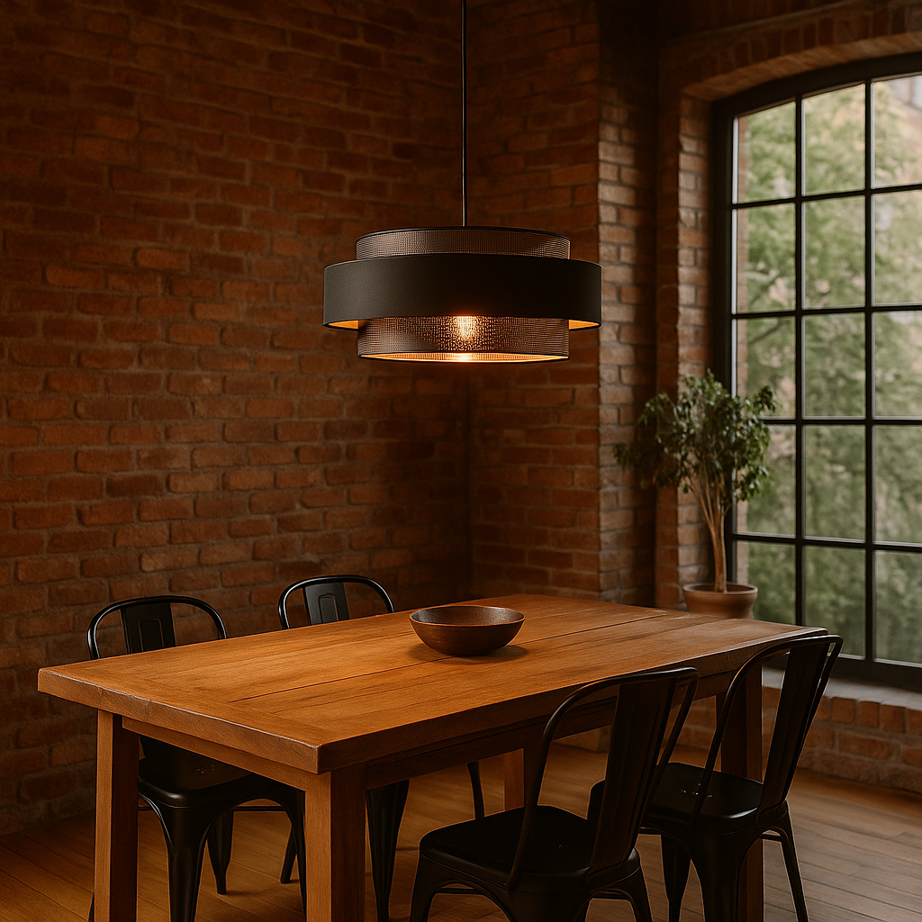 Lampa wisząca Amos K-5281 nad stołem w jadalni urządzonej w stylu loftowym.