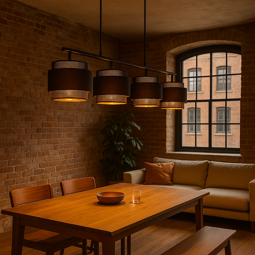 Lampa wisząca Amos K-5283 zawiesona nad stołem w salonie w stylu loft.