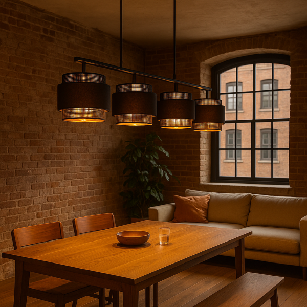 Lampa wisząca Amos K-5283 zawiesona nad stołem w salonie w stylu loft.