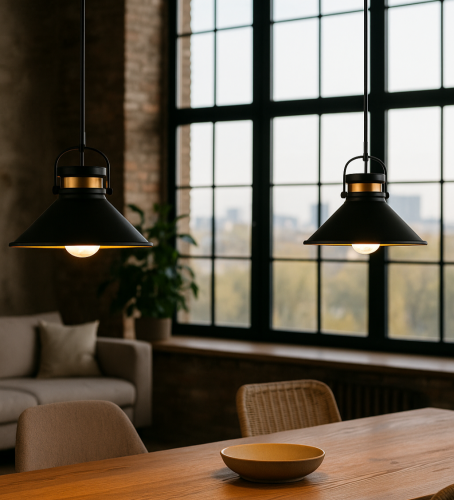 Lampa wisząca Ferrero 2 zawieszona nad stołem w indystrialnej jadalni z dużym oknem.