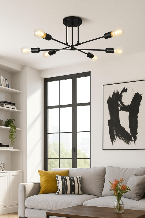 Żyrandol Norah 6 czarny zamontowany w nowoczesnym jasnym salonie.