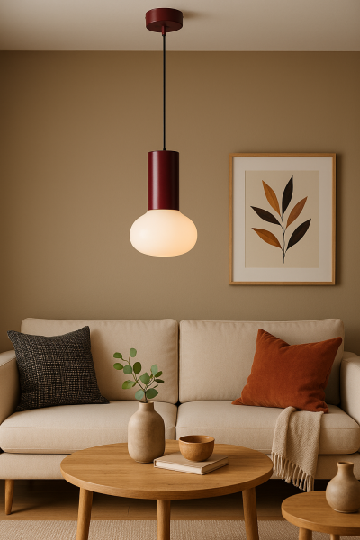 Lampa wisząca Flo Ruby S nad stolikiem kawowym w salonie