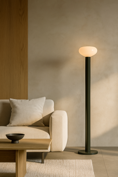Lampa stojąca Flo Moss M .pngLampa stojąca Flo Moss M nowoczesna lampa podłogowa  stojąca w salonie obok sofy