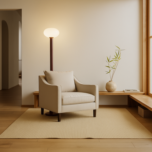 Lampa podłogowa Flo Ruby M stojąca za fotelem w salonie zaprojektowanym w stylu japandi