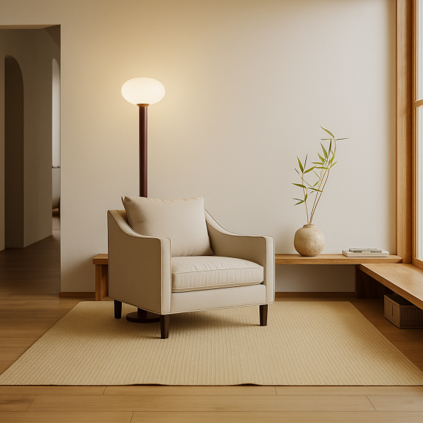 Lampa podłogowa Flo Ruby M stojąca za fotelem w salonie zaprojektowanym w stylu japandi