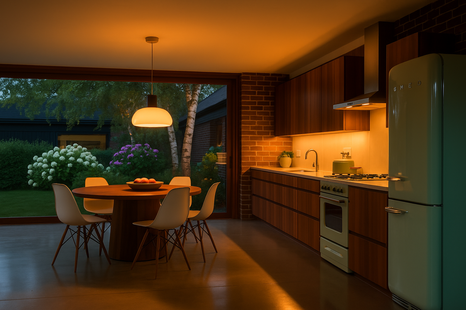 Lampa wisząca Flo Mokka M – zawieszona w kuchni urzadzonej w stylu styl mid-century modern