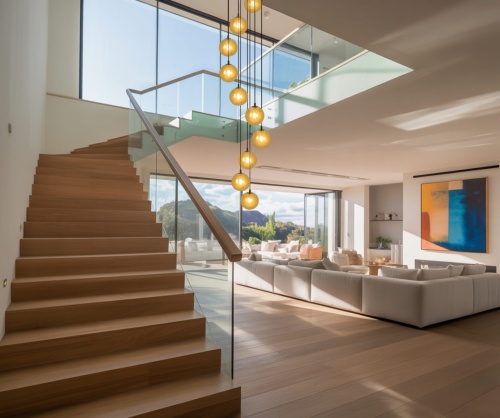 Lampa wiszaca Dori K-30 zawieszona na atresoli przy schodach.