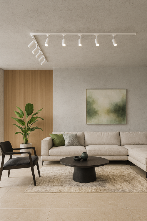 Zestaw szynoprzewodów z reflektorkami Aura w kolorze białym - aranżacja 4fundesign.com.pngZestaw szynoprzewodów z reflektorkami Aura w kolorze białym zamontowany na suficie nowoczesnego salonu. Aranżacja od 4Fundesign.com.